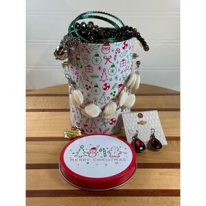Christmas Tin With Jewelry Bangles Necklace‎ Earrings Brooch